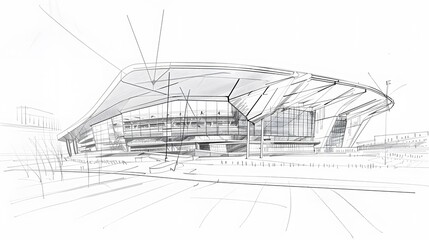 Hand-drawn Sketch of a Modern Building with a Curved Roof and Glass Facade