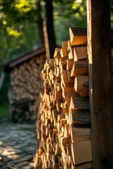 Woodpile Close-Up Against Sunlit Forest Background