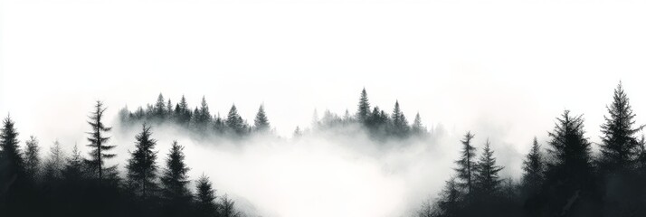In a tranquil forest, majestic pine trees stand tall, silhouetted against a soft mist that blankets the area, creating a calm atmosphere and offering a captivating view that enchants all