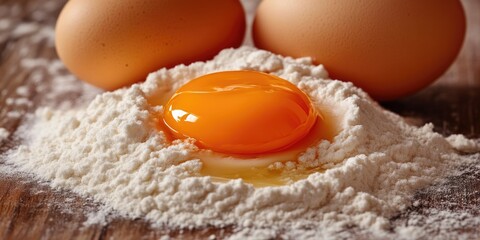 Ingredients for Baking: Eggs and White Flour on Wood