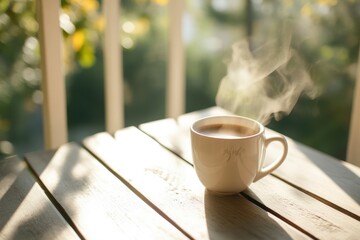 Fototapeta premium Steaming Hot Coffee Mug on Sunlit Balcony Table