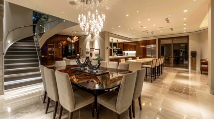 Modern Kitchen and Dining Room Interior with Elegant Staircase