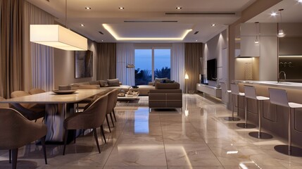 Fototapeta premium Modern open-plan luxury kitchen and dining room with large windows