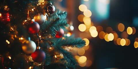 Glistening Christmas Tree Decorations Against a Soft Focus Backdrop