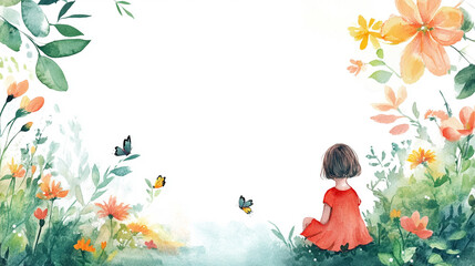 Watercolor Background Portrayal of Girl and Butterflies