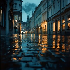 06090029 05 A quiet cityscape at night with glowing streetlights reflecting off wet cobblestone...