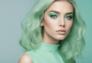 portrait of a woman with mint green hair styled in soft waves, wearing a high-neck top of a matching mint green shade. The background is a plain, light teal color which complements the overall monochr