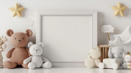 Adorable baby nursery with teddy bears, toys, and an empty frame on a white background, perfect for a soothing and cute decor.