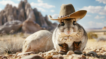 Obraz premium Cute chinchilla dressed as a cowboy with hat and boots on a white background.