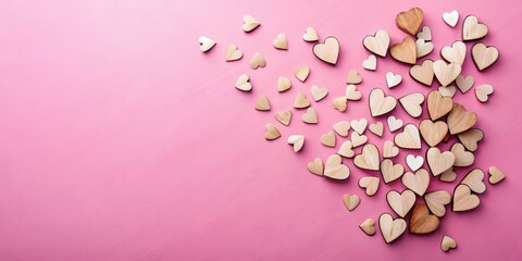 Shattered love concept with small wooden hearts flying on pink paper background