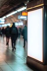 Fototapeta premium Blank Light Board in Busy Subway Corridor with Passing Pedestrians