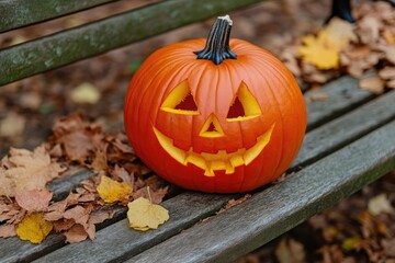 Close-Up of Spooky Pumpkin on Autumn Bench
