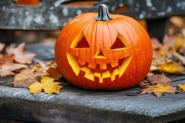 Close-Up of Jack-o'-Lantern on Rustic Bench Surrounded by Autumn Leaves