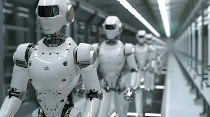 Fototapeta premium A Line of White Robots Walking Through a Futuristic Corridor