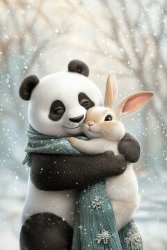 Adorable panda bear with a rabbit in a tender hug, snow-covered background, cartoon, love and friendship.