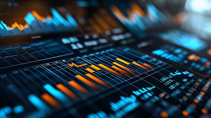 Obraz premium Close-up of a financial chart with orange and blue lines on a black screen.