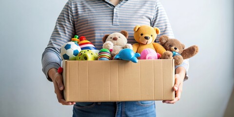 Volunteer holding donation box with old toys for charity drive