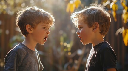 Brothers quarrel outside in backyard. Siblings fighting each other outdoors, Generative AI