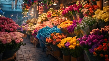 A high-resolution image of a bustling flower market, with colorful bouquets displayed in vibrant arrangements, creating a lively and cheerful atmosphere