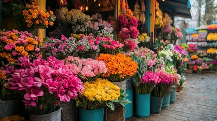 A vibrant and colorful flower market scene, with a variety of bouquets and floral displays creating a lively and inviting atmosphere