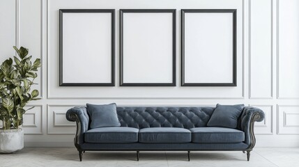 Elegant Living Room with Blue Velvet Sofa and Framed Artwork
