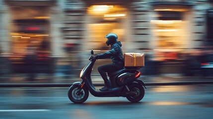 A detailed high-resolution image of couriers maneuvering electric scooters through city streets for package delivery, capturing the speed and efficiency of the service