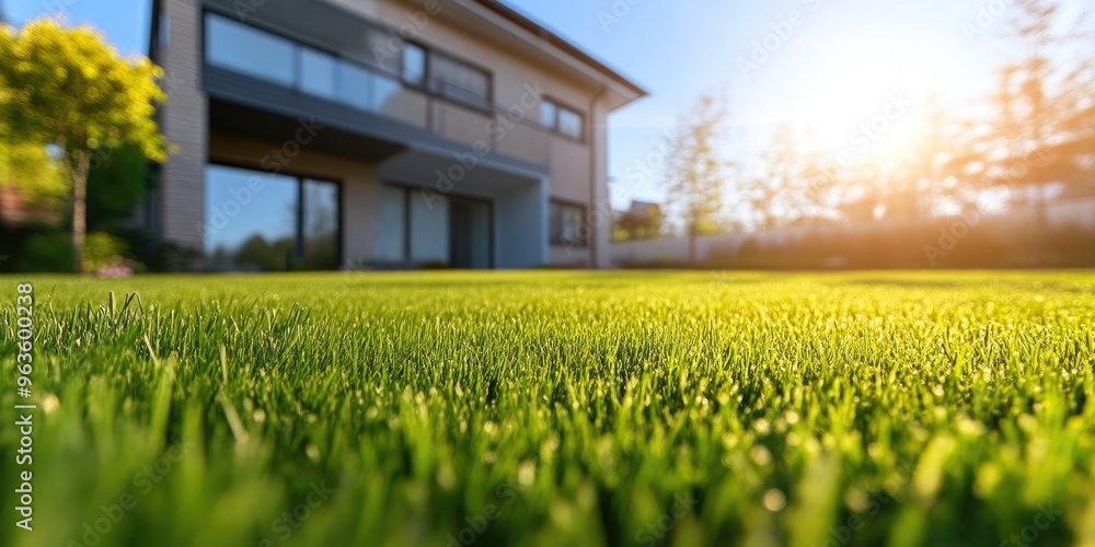 Wall mural sunlit green grass with modern property backdrop