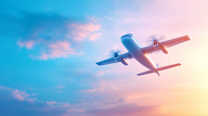 Obraz premium Airplane flying against a colorful sunset sky in the evening