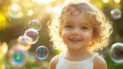 A delightful photograph of a young child creating bubbles in a garden, with the sunlight enhancing the colors of the bubbles and the child's joyful expression