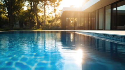 Fototapeta premium Modern House Reflecting in Pool Under Sunlight