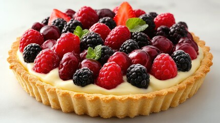 A fresh fruit tart elegantly arranged with a mix of vibrant berries and a smooth cream layer, captured in high resolution to showcase its appealing texture