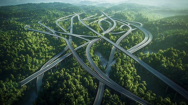View from above of a vast network of highways crisscrossing forests, representing the fragmentation of habitats by human infrastructure.