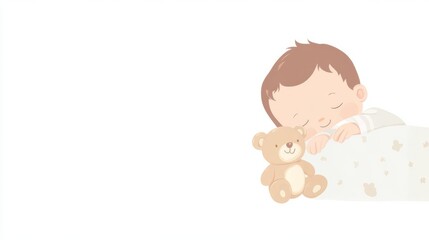 Adorable baby sleeping soundly with a teddy bear on a white background, perfect for nursery and parenting concepts.
