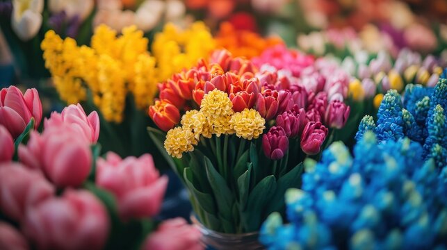 A vivid shot of a flower market scene, featuring a wide range of colorful bouquets and floral arrangements, with bright and bold colors standing out