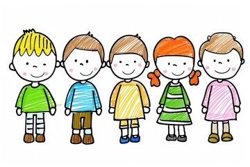 Group of children in colorful clothes drawn with colored pencils on a white background in a cartoon style for children's albums.