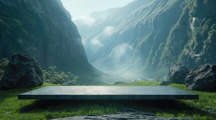Large stone podium. Stone slab. Cinematic scene of a vast misty mountain valley with a long flat stone platform in the foreground. Majestic cliffs and boulders frame a serene