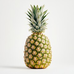 Fototapeta premium A whole pineapple with its textured, spiny surface, its green crown highlighted against a minimalistic white background