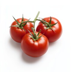 Bright and glossy red tomatoes with a green stem, sitting on a clean, white background