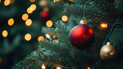 Close-Up of Christmas Tree Branch with Sparkling Ornaments