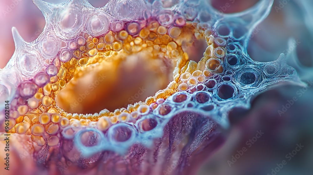 Poster close-up of a delicate, translucent, organic structure with a circular opening, showcasing intricate