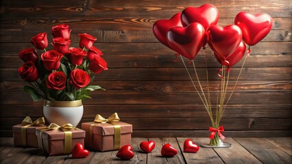 Romantic setting with heart shaped balloons, roses, and chocolates on Valentine's Day