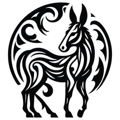 Donkey with art nouveau decoration, stencil logo, black and white animal illustration