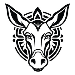 Obraz premium Donkey with art nouveau decoration, stencil logo, black and white animal illustration