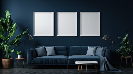 Modern Living Room with Blue Sofa and Empty Frames