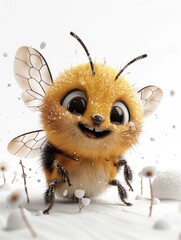 Fototapeta premium A cute, cartoon-style bee with small transparent wings and large eyes on a white background, for playful children's art and creative greeting cards.