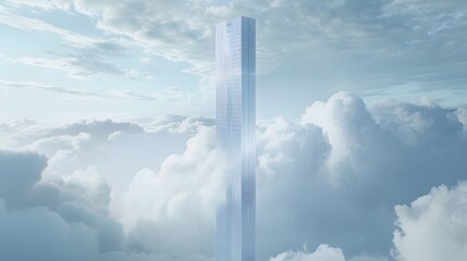 A Glass Skyscraper Piercing Through Fluffy Clouds