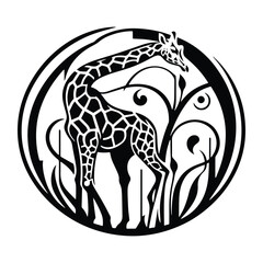 Obraz premium Giraffe with art nouveau decoration, stencil logo, black and white animal illustration