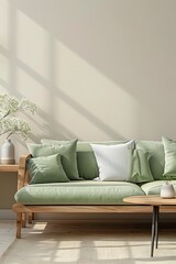 Minimalist living space with a light green sofa and wooden coffee table against a soft beige backdrop. Detailed 3D rendering ideal for a modern home interior design showcase.