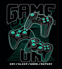 Gaming illustration, game on, wireframe gaming console vector print © Rob Graphix