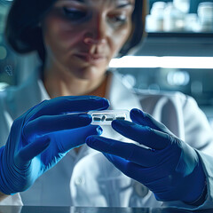 The doctor checks the quality of the tablets. A female laboratory assistant examines the quality of a medicine.